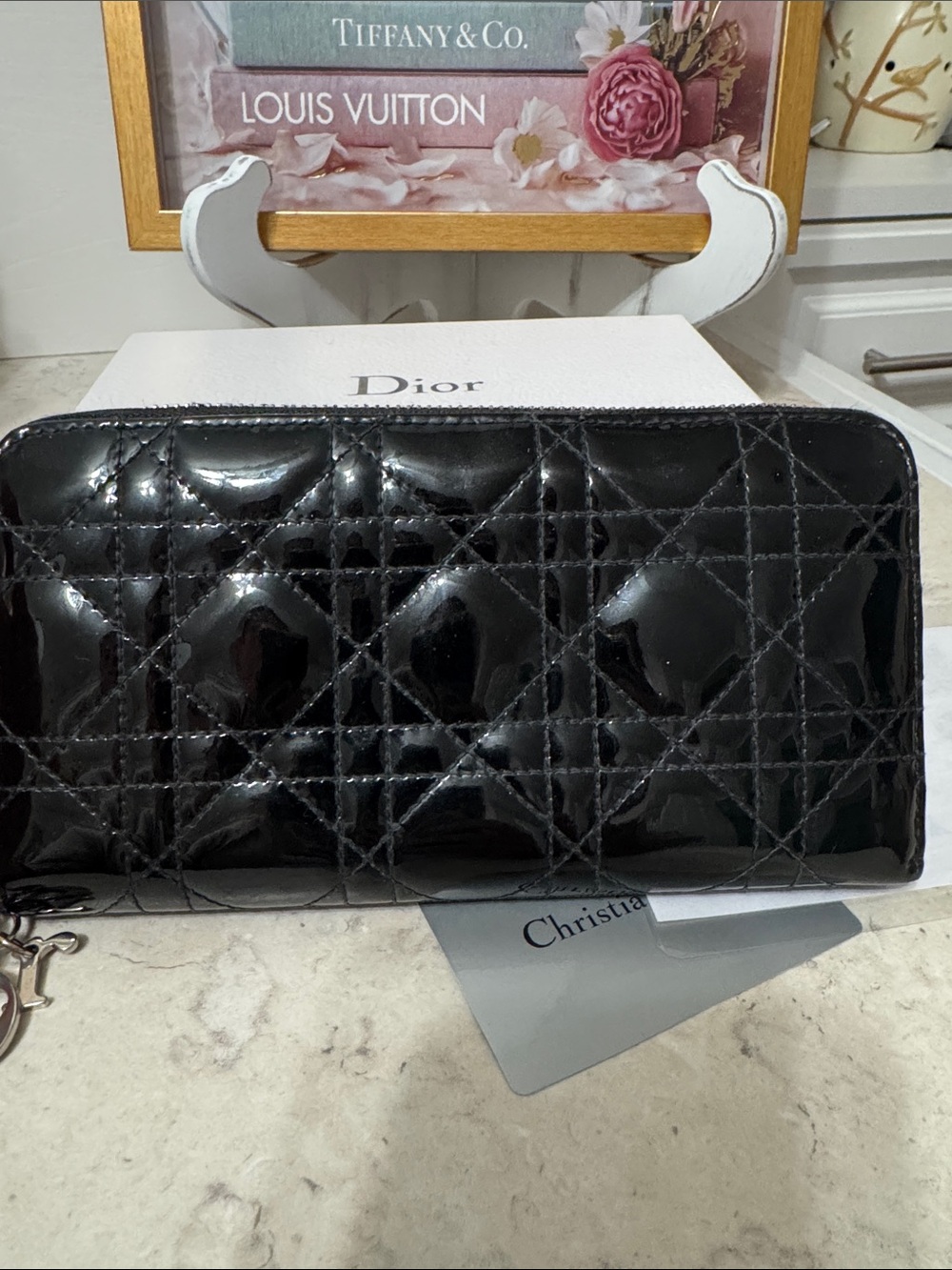 Dior Black Patent Quilted Zip-Around Wallet with Charm Full inclusion COA - Picture 6 of 8